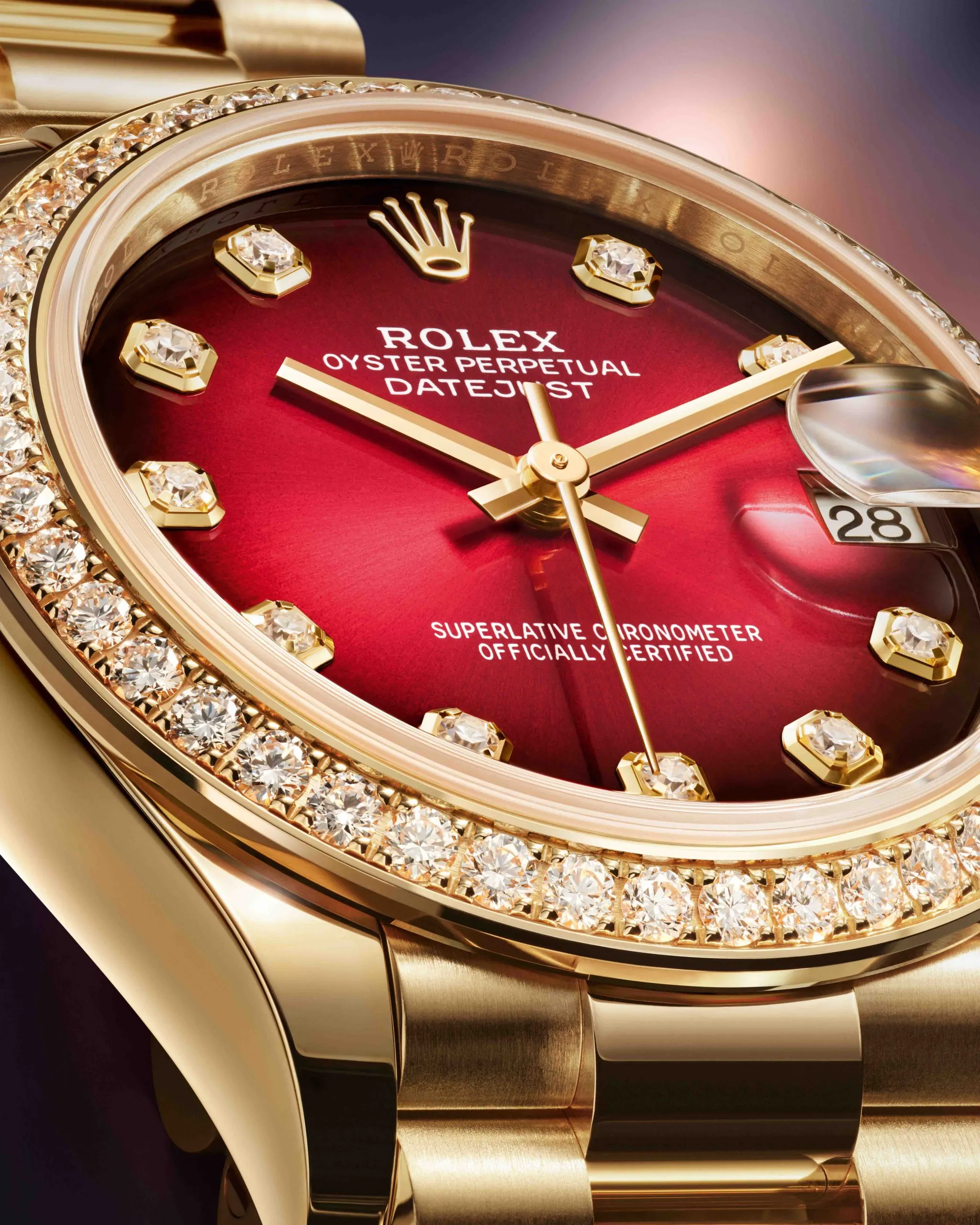 The sunray-brushed red ombré dial of the Oyster Perpetual Datejust 31.