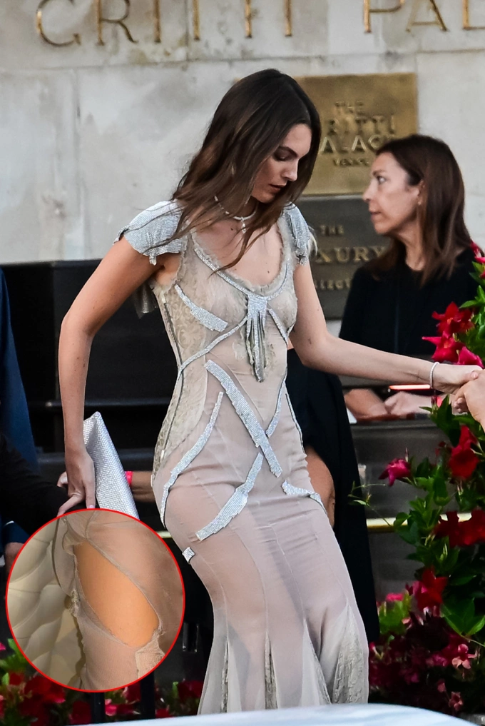 Supermodel Vittoria Ceretti wore a Dolce & Gabbana gown to the evening party on June 28 and left with the dress torn.Photo: Reuters, Vittoria Ceretti’s Instagram.