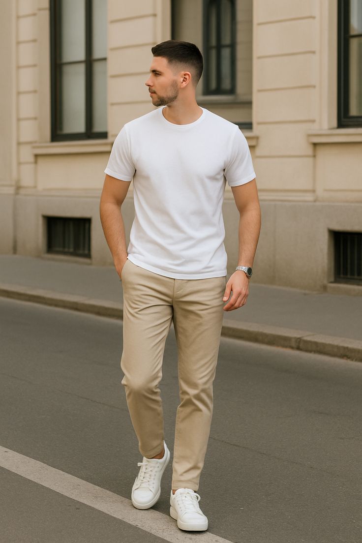 White T-Shirt + Chinos + Sneakers