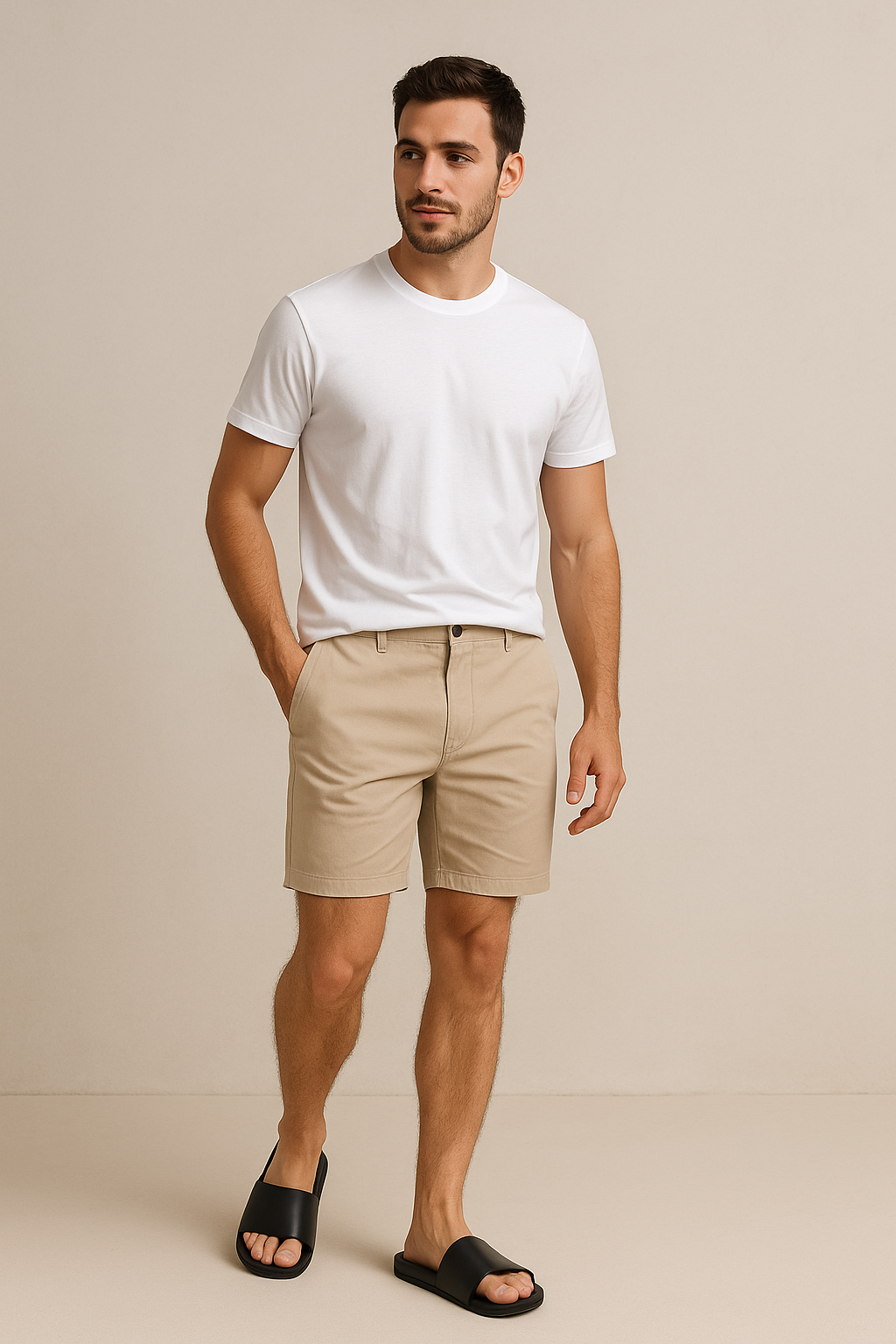 White T-Shirt + Shorts + Slides
